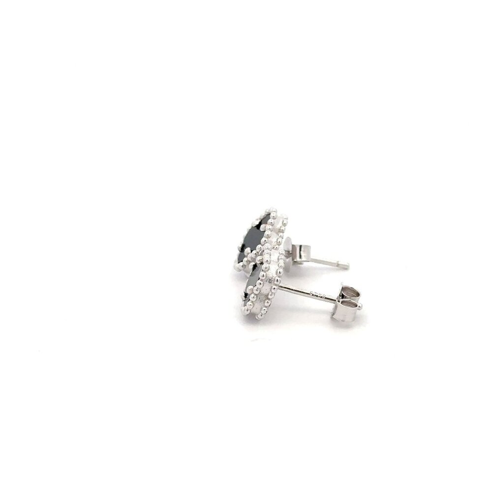 925 Sterling Silver Stud Black Agate Clover Earrings - Picture 4 of 5